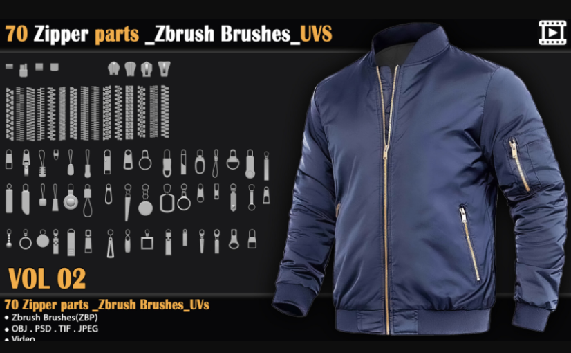 Artstation – 70 Zipper parts _Zbrush Brushes_UVS 